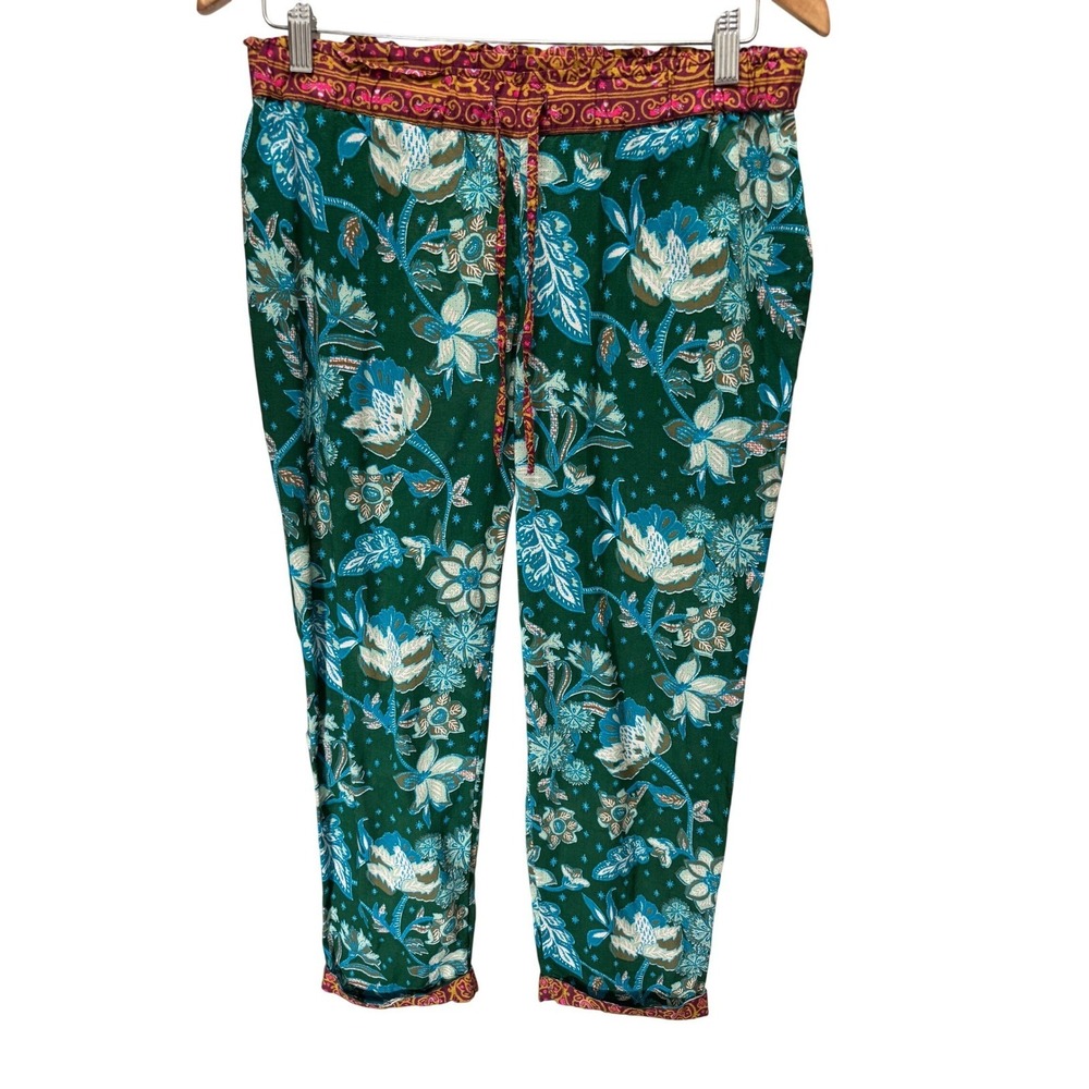 Sundance Pants Floral Block Print Womens XS Green Boho Cotton Tapered Drawstring